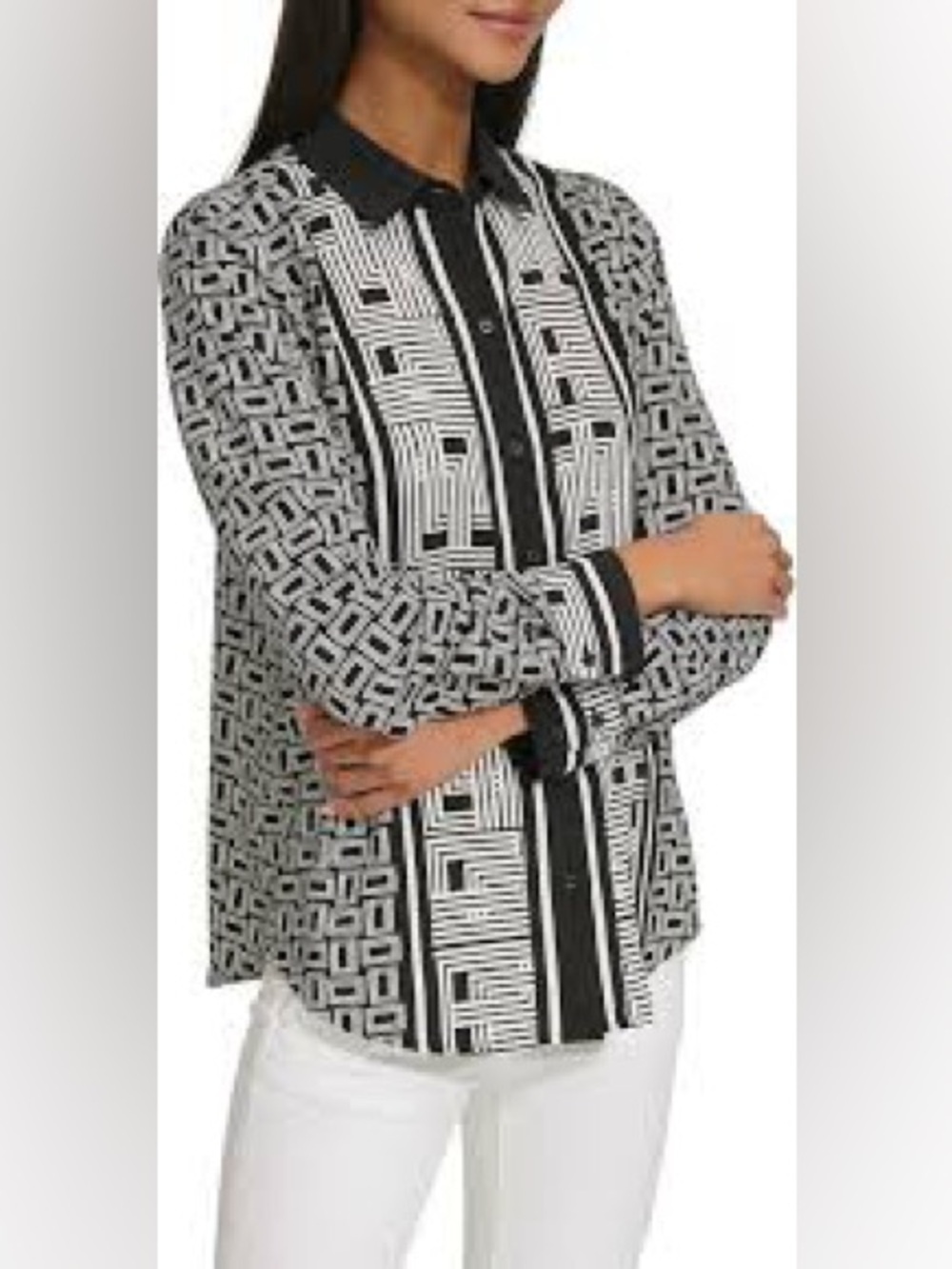 NWT Karl Lagerfeld Paris Black White Geometric Print Button Front Blouse Medium